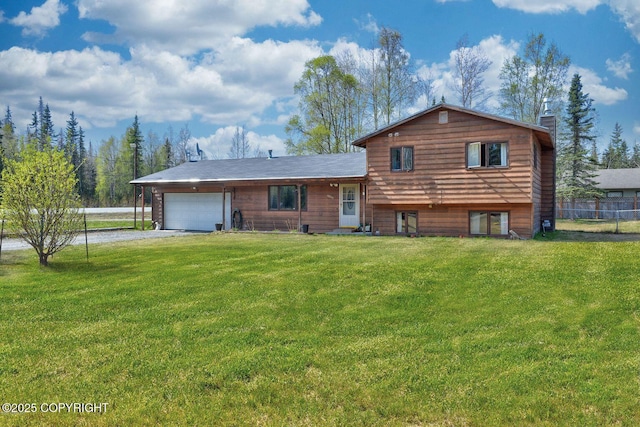 view of front of home with a garage, a chimney, gravel driveway, fence, and a front lawn