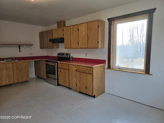 kitchen featuring a healthy amount of sunlight, a sink, stainless steel range with electric stovetop, and under cabinet range hood