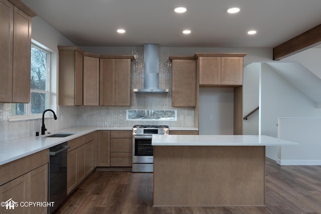 kitchen featuring a sink, black dishwasher, stainless steel gas range, backsplash, and wall chimney exhaust hood