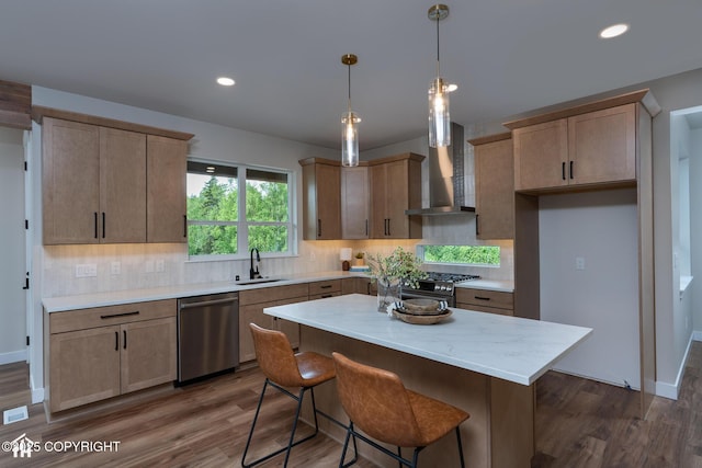 14311 Pickett St, Anchorage, AK 99516 - kitchen featuring stainless steel appliances, backsplash, dark wood-style flooring, and recessed lighting