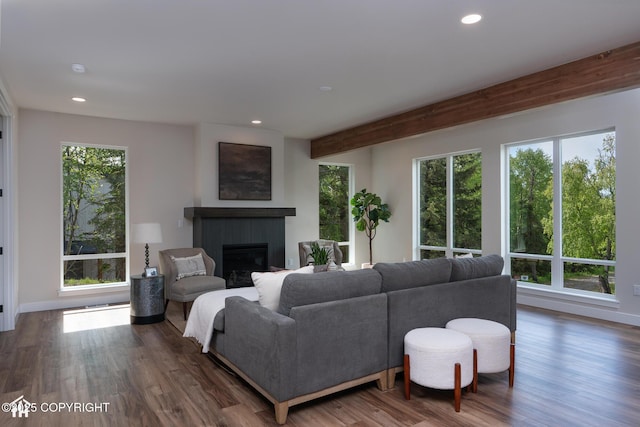 14311 Pickett St, Anchorage, AK 99516 - living area featuring a tile fireplace, recessed lighting, and wood finished floors