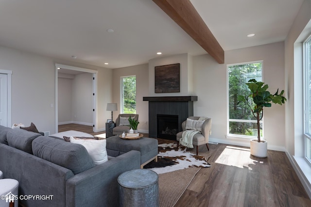 14311 Pickett St, Anchorage, AK 99516 - living area with a fireplace, healthy amount of natural light, wood finished floors, recessed lighting, and beamed ceiling