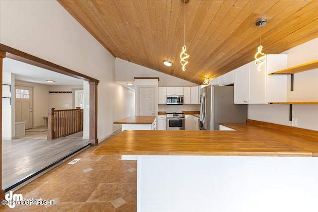 kitchen featuring open shelves, white cabinetry, a peninsula, appliances with stainless steel finishes, and wooden ceiling