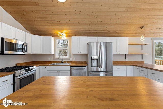 kitchen featuring a sink, a healthy amount of sunlight, appliances with stainless steel finishes, and butcher block countertops