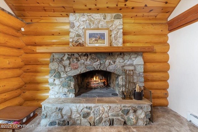 details with wooden ceiling, a fireplace, log walls, and baseboard heating