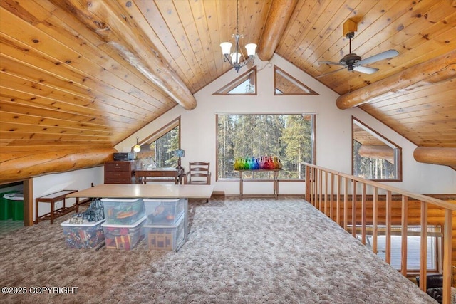 additional living space with lofted ceiling with beams, carpet floors, ceiling fan with notable chandelier, and wooden ceiling