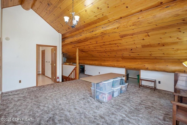 additional living space featuring vaulted ceiling with beams, wooden ceiling, a notable chandelier, and carpet flooring