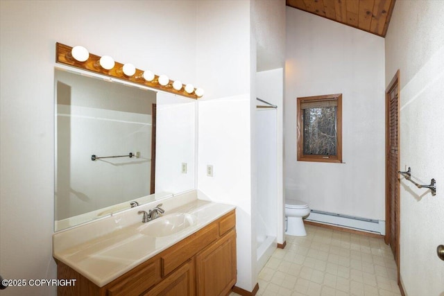 bathroom featuring toilet, lofted ceiling, tile patterned floors, vanity, and a baseboard heating unit