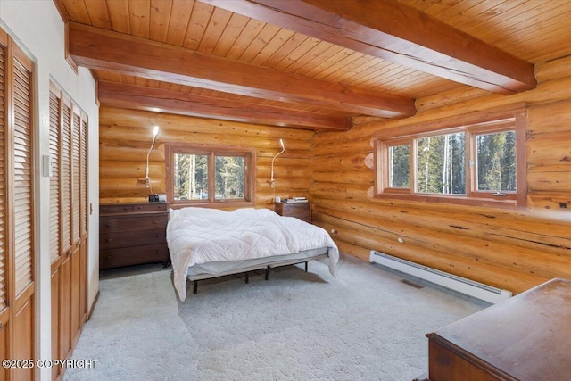 bedroom featuring wood ceiling, light colored carpet, beamed ceiling, and baseboard heating