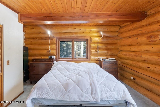 bedroom with wood ceiling, beam ceiling, rustic walls, and light carpet