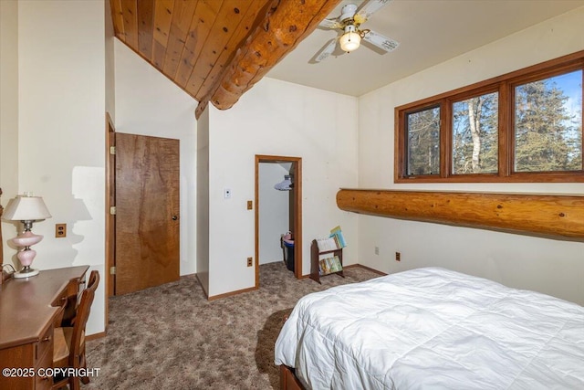 bedroom with carpet floors, ceiling fan, a spacious closet, and baseboards