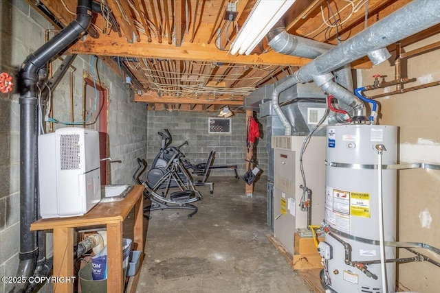 unfinished below grade area featuring heating unit and strapped water heater