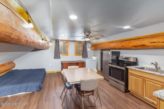 kitchen featuring lofted ceiling, appliances with stainless steel finishes, a sink, and wood finished floors