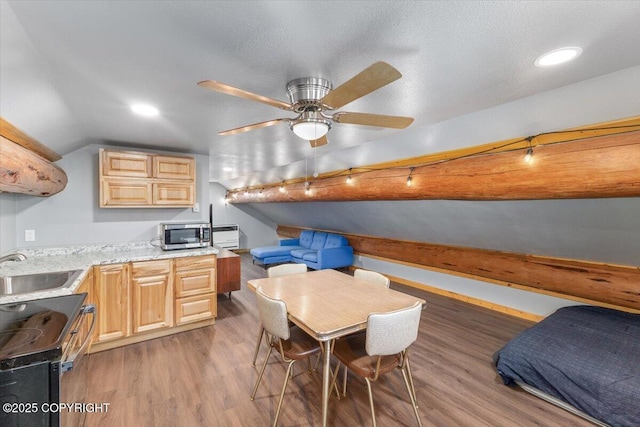 kitchen with lofted ceiling, light brown cabinets, a sink, wood finished floors, and stainless steel microwave