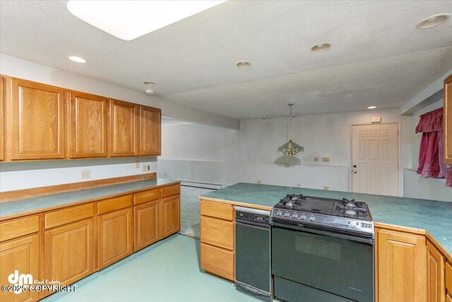 kitchen with a textured ceiling, light colored carpet, recessed lighting, brown cabinetry, and gas range oven