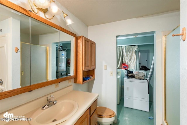 full bath with a stall shower, water heater, vanity, and toilet