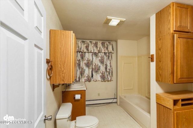 bathroom featuring a textured ceiling, toilet, visible vents, baseboard heating, and tile patterned floors