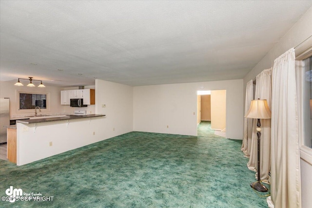 unfurnished living room with carpet flooring, a sink, and a textured ceiling