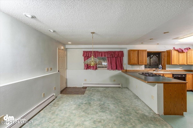 kitchen featuring a baseboard radiator, a baseboard heating unit, light carpet, a textured ceiling, and a peninsula