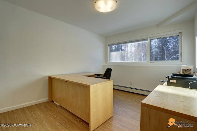 office space featuring a baseboard radiator, baseboards, and light wood finished floors