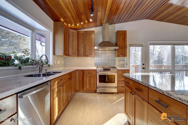 kitchen with wall chimney exhaust hood, a sink, lofted ceiling, wood ceiling, and appliances with stainless steel finishes
