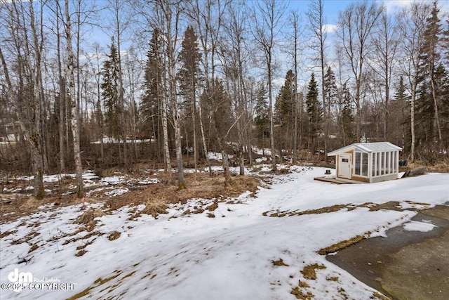 snowy yard with an outbuilding
