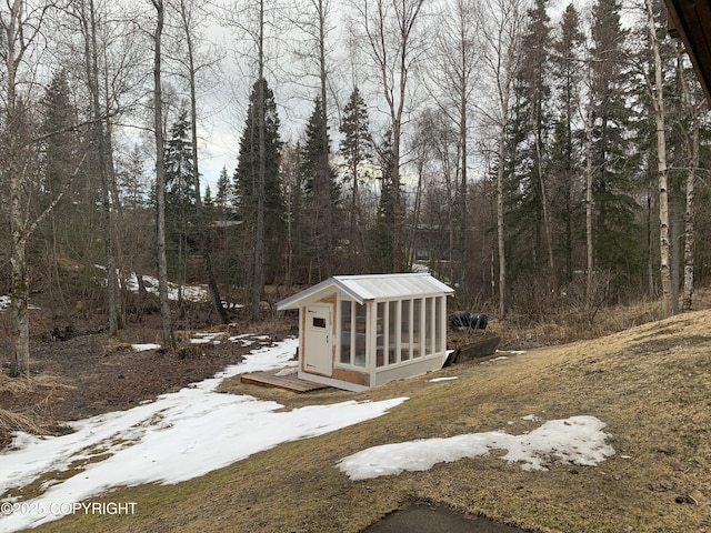 view of yard featuring a view of trees and an outbuilding