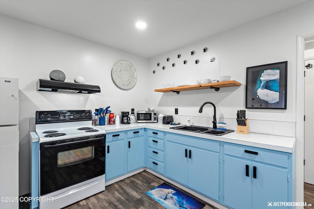 521 N St, Anchorage, AK 99501 - kitchen featuring under cabinet range hood, electric stove, a sink, open shelves, and blue cabinets