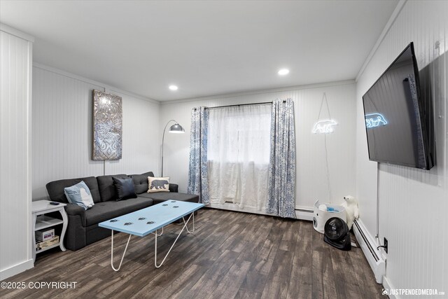 521 N St, Anchorage, AK 99501 - living area with a baseboard radiator, crown molding, wood finished floors, and recessed lighting