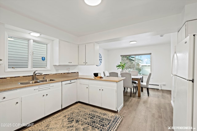 521 N St, Anchorage, AK 99501 - kitchen featuring light wood finished floors, a sink, white cabinets, and white appliances