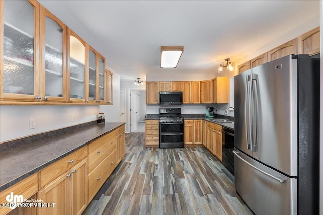 kitchen with stainless steel appliances, dark countertops, dark wood-type flooring, and a sink