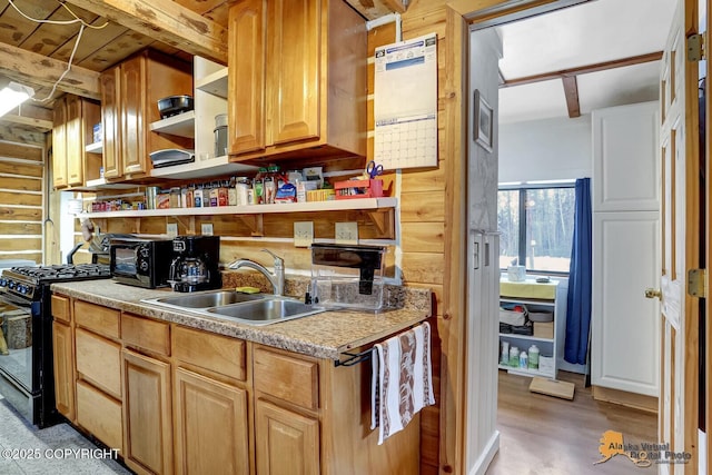 kitchen featuring black range with gas cooktop, light countertops, a sink, and open shelves