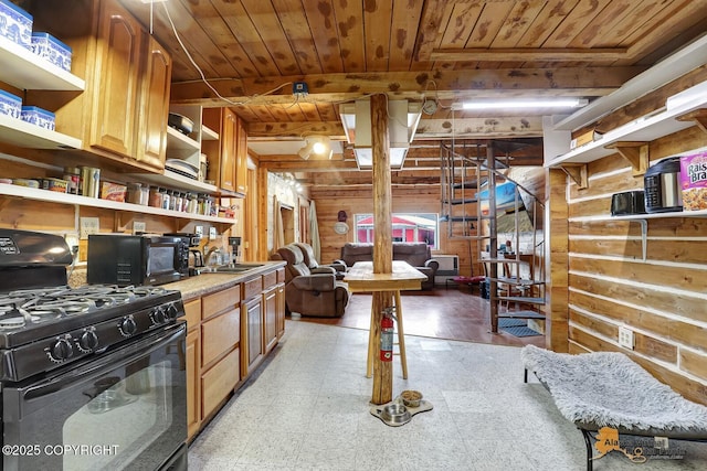 kitchen featuring wood ceiling, light floors, wood walls, black appliances, and open shelves