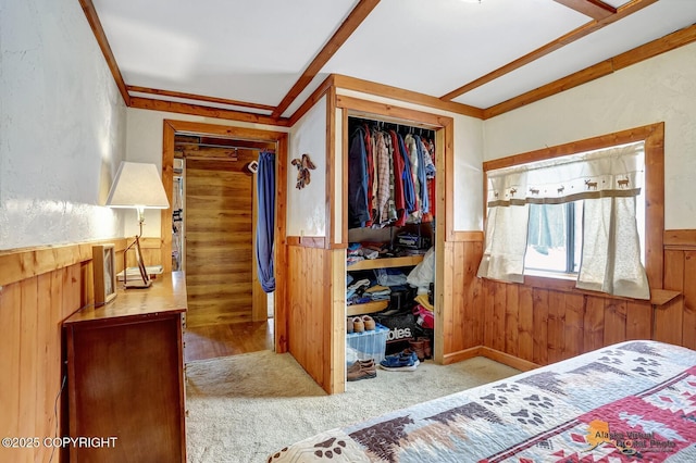 bedroom with a wainscoted wall, wood walls, carpet flooring, and a closet