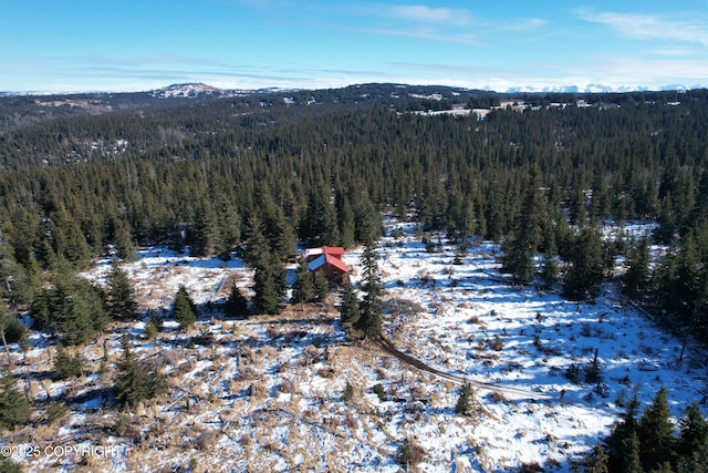 snowy aerial view with a mountain view and a wooded view