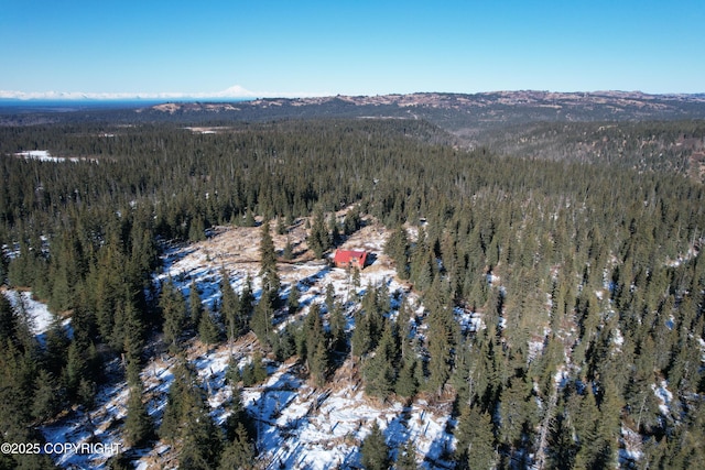 drone / aerial view with a mountain view and a view of trees