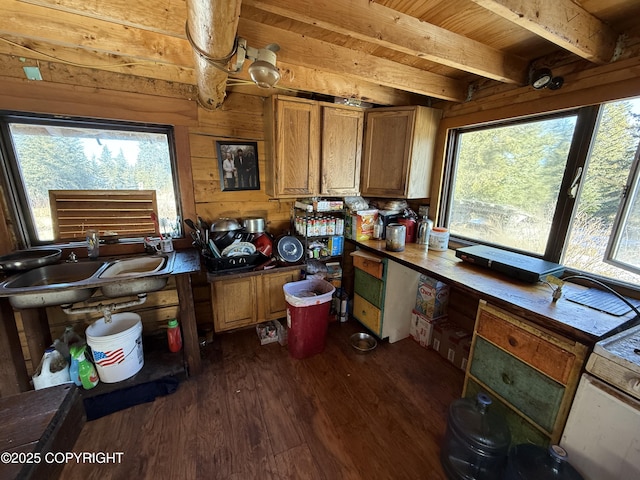 kitchen with beamed ceiling, dark wood-type flooring, a sink, wood walls, and brown cabinetry