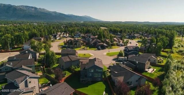 drone / aerial view featuring a mountain view and a residential view