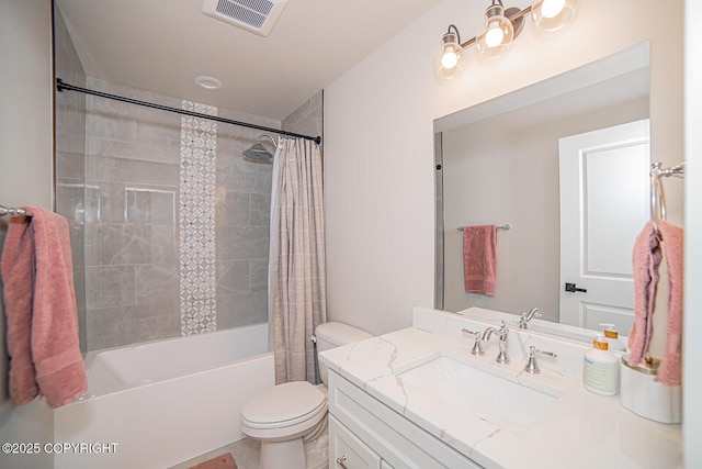 bathroom featuring shower / tub combo, visible vents, vanity, and toilet