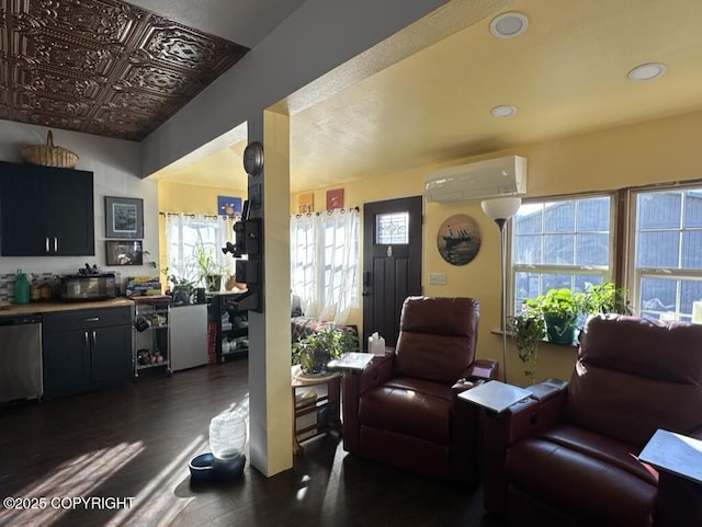 living room with dark wood-style flooring, a wall unit AC, and an ornate ceiling