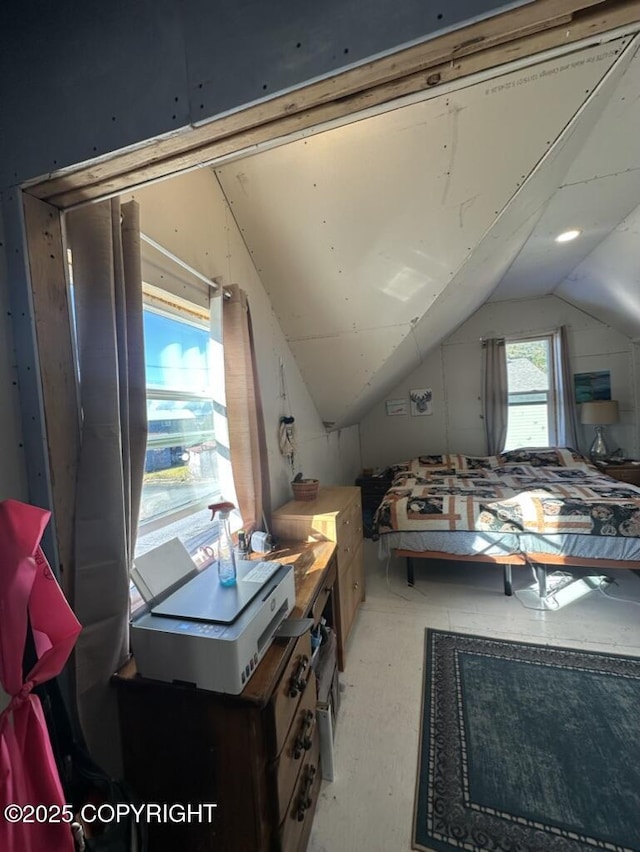 bedroom featuring lofted ceiling