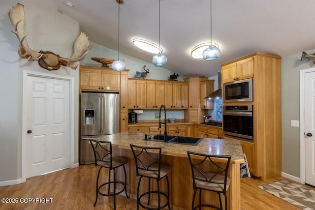 kitchen with light wood-type flooring, vaulted ceiling, appliances with stainless steel finishes, wall chimney exhaust hood, and a sink