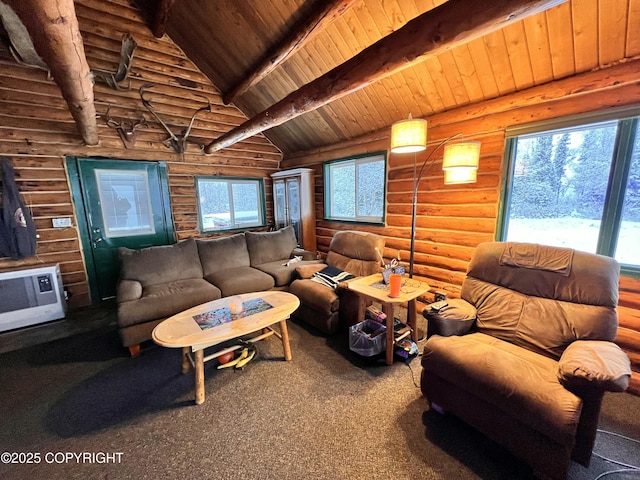 carpeted living room with wood ceiling, high vaulted ceiling, beam ceiling, and heating unit