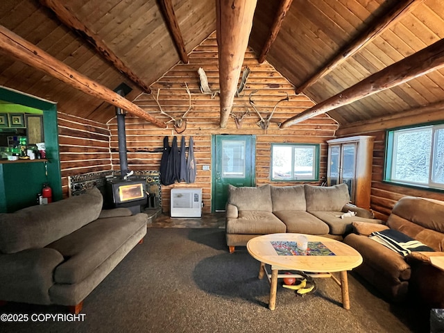 carpeted living room featuring high vaulted ceiling, wood ceiling, a wood stove, and beamed ceiling