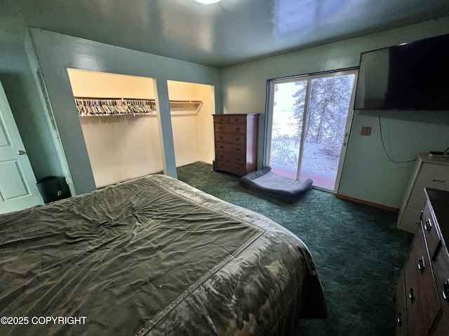 carpeted bedroom with access to exterior and baseboards