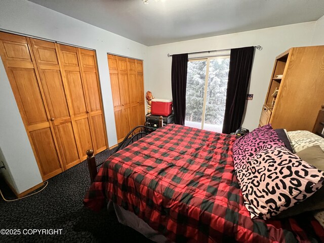 carpeted bedroom with multiple closets and baseboards