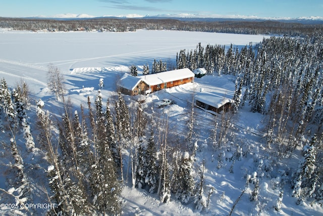 snowy aerial view with a mountain view