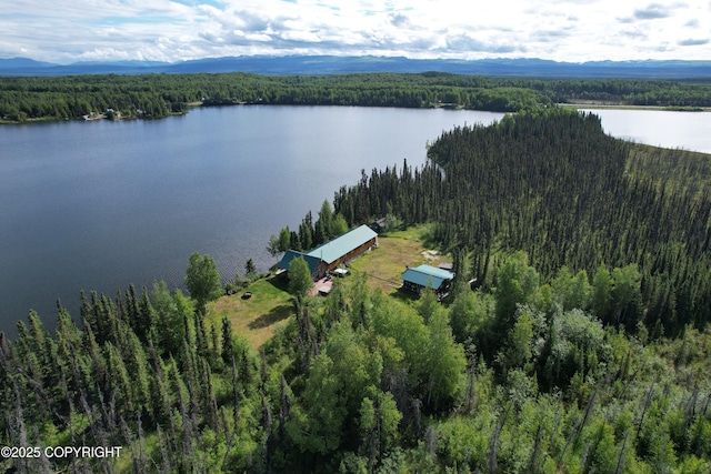 aerial view featuring a forest view and a water and mountain view