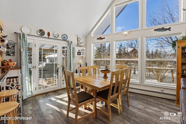 dining area with a textured ceiling, wood finished floors, lofted ceiling, and a baseboard radiator