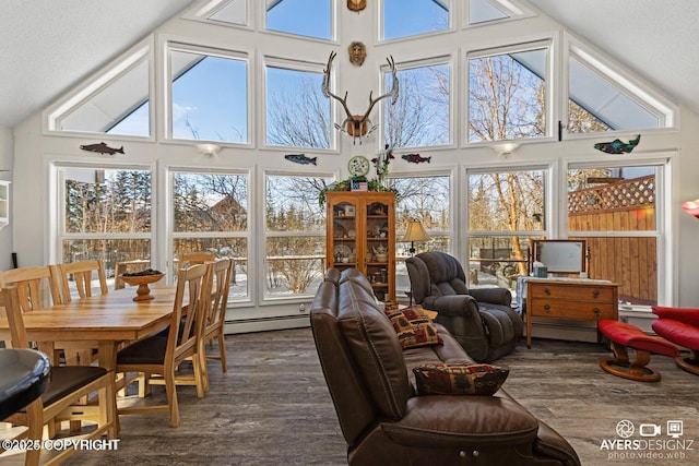 sunroom / solarium featuring lofted ceiling and a baseboard radiator